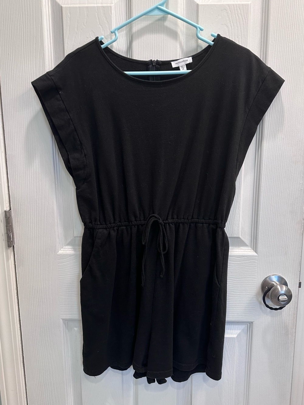Mittoshop - Black Drawstring Elastic Waist Short Sleeve Cotton Romper